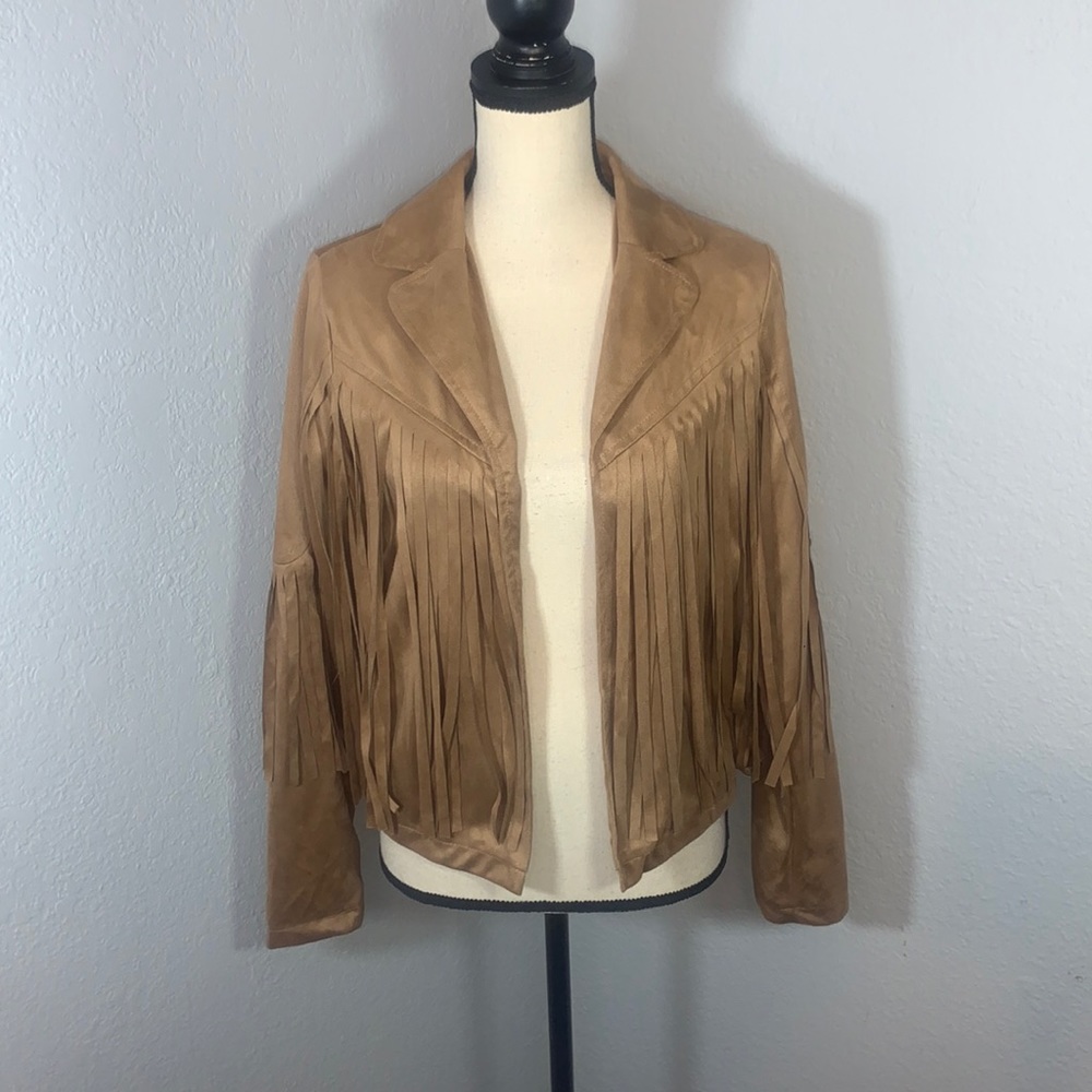 Brown Fringe Faux Suede Leather Cowboy Style Long Sleeve Coat - Picture 3 of 14